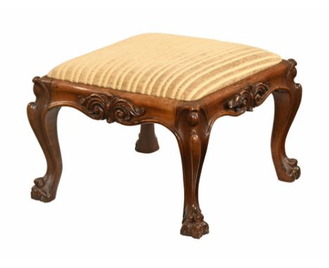 A good quality large Victorian mahogany stool, with beige striped upholstered seat, the carved frame with cabriole legs and h