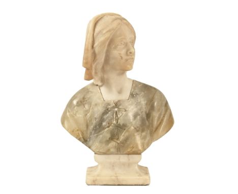 An early 20th century alabaster and marble bust of a young lady, with headscarf, signed to the rear Bessies. Height 30 cm (se