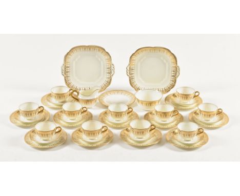 A Collingwood white and gilt decorated part tea set, with 11 cups, 11 saucers, 12 side plates, 2 large plates, milk and sugar