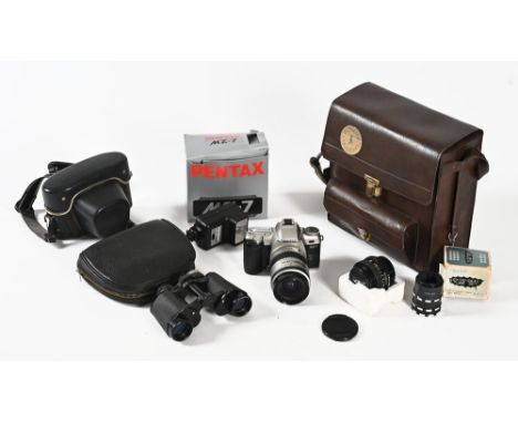 A vintage Pentax MZ-7 camera, a Praktica cased camera, various lenses binoculars etc.