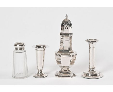 A silver sifter, Sheffield 1928 maker Stephenson &amp; Law.  Height 21 cm, together with a silver topped sifter, silver vase 