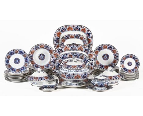 A Minton dinner service, with gilt edge and blue and orange floral decoration, with printed and impressed Minton's mark to th