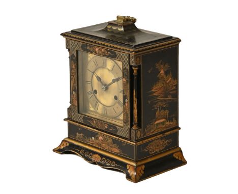 A Gustav Becker chinoiserie bracket clock, the top with brass handle and brass face with Roman numerals, the movement marked 