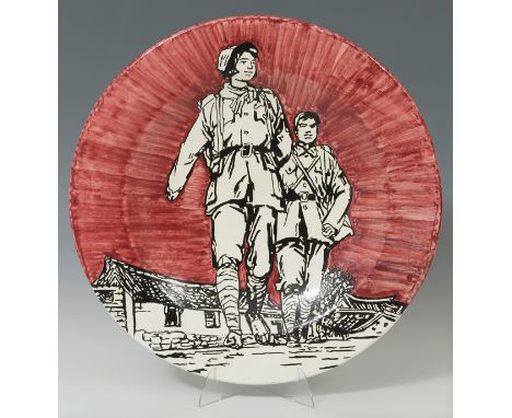 Dish; MANOLO CÁCERES (Spain, 1952)."Red guard", Serie revolución, 2000.Talavera ceramic.Presents stamps on the base.Measureme