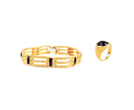 Man's Vintage Prima Criss Cross Cut Black Diamond and 24 Karat Yellow Gold Ring together with Prima 18 Karat Yellow Gold and 