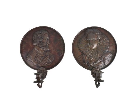 Pair of Vintage Figural Copper Sconces. Inscribed to front with male and female figures. Measures 13" H x 9-3/4" W. Domestic 