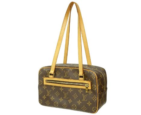 Louis Vuitton Brown Coated Canvas Monogram Cite MM Bag. Golden brass hardware, brown interior with patch pockets, vachetta st
