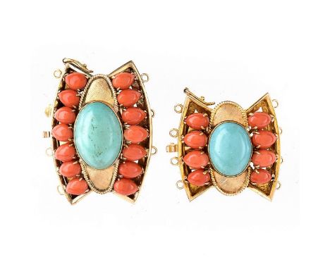 Two (2) Vintage Red Coral, Turquoise and 14 Karat Yellow Gold Bracelet Clasps. Stamped 14K. Larger measures 1-1/2" x 1-1/8". 