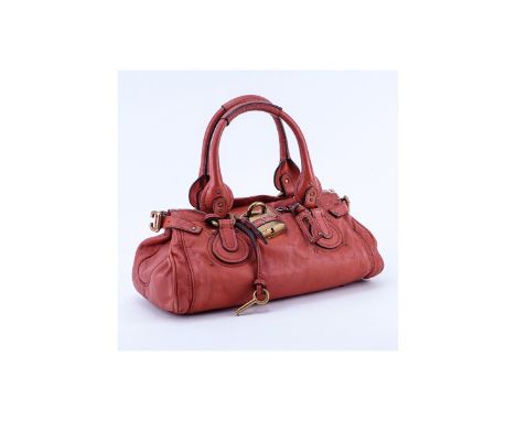 Chloe Dark Orange Grained Leather Paddington MM Handbag. Brushed gold tone hardware, beige fabric interior with zippered and 