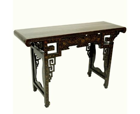 Antique Chinese Lacquered Carved Wood Altar Console Table. Gilt painted with village scene, flowers, and intricate patterns. 