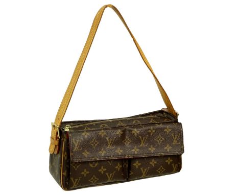 Louis Vuitton Brown Coated Canvas Monogram Viva Cite MM Bag. Golden brass hardware, red suede interior with patch pockets, va