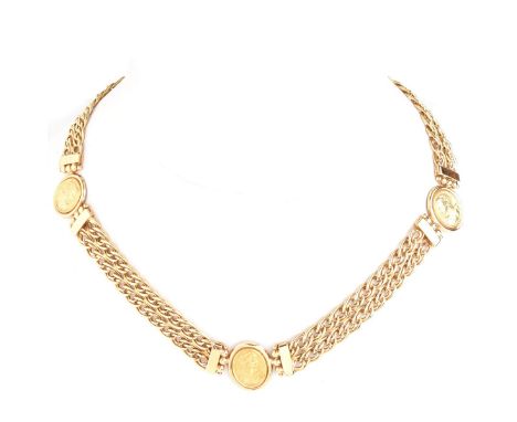 Vintage Italian 18 Karat Yellow Gold Necklace with Cameo Medallions. Signed Mamu, stamped 750, Italian hallmark. Measures 15-