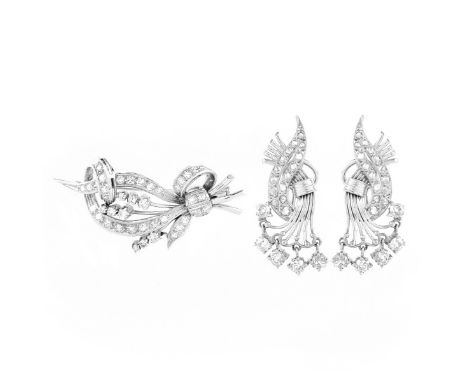 Vintage Approx. 3.5 Carat Round Brilliant Cut Diamond and 14 Karat White Gold Earring and Brooch Suite. Unsigned. Brooch meas