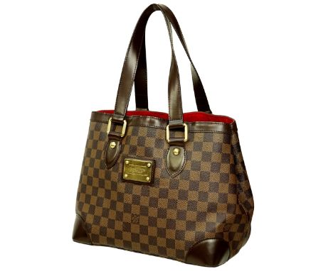 Louis Vuitton Brown Damier Ebene Hampstead PM Bag. Golden brass hardware, red suede interior with patch and zippered pockets.