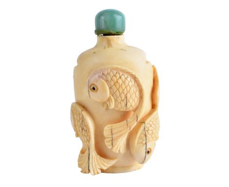 19th Century Chinese Carved Ivory Snuff Bottle with Raised Koi Fish Relief. Light green jade cover. Measures 3-1/4" H x 1-7/8
