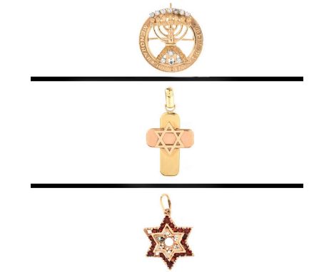 Three (3) Piece Vintage Judaica Jewelry Lot Including an Italian Chimento 18 Karat Yellow and Rose Gold Pendant, 14 Karat Yel