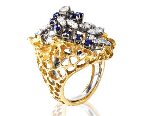 Vintage Approx. 2.0 Carat Round Brilliant Cut Diamond, 1.5 Carat Sapphire and 14 Karat White Gold Ring with 14 karat Yellow G