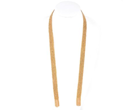 Tiffany style Italian 18 Karat Yellow Gold Mesh Scarf Necklace. Stamped 18K, Italian hallmark. Measures 33" L, 5/8" W. Approx