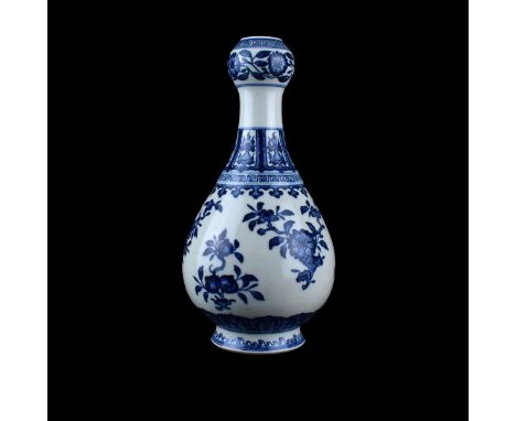 Chinese Kangxi Style Blue and White Porcelain Vase. Signed to base. Measures 12-1/4" H. Domestic Shipping: $78.00