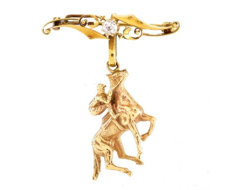 Vintage Approx. .40 Carat Round Brilliant Cut Diamond and 14 Karat Yellow Gold Horse and Rider Pendant Brooch. Diamond H colo