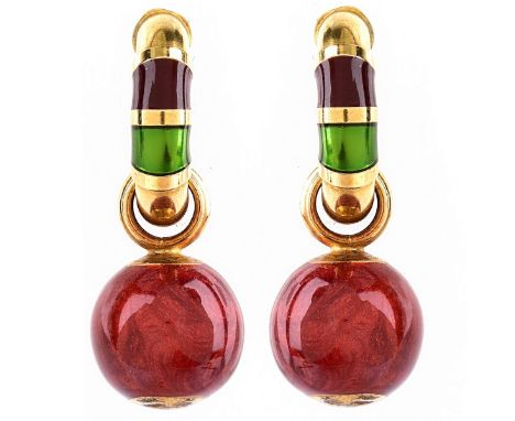 Vintage Italian 18 Karat Yellow Gold and Enamel Detachable Pendant Earrings. Stamped 750, Italy, Italian hallmark. Measure 1-