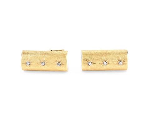 Men's Vintage 14 Karat Yellow Gold and Diamond Cufflinks, Stamped 14K. Measure 1" L, 1/2" W. Approx. weight: 11.9 grams. Dome