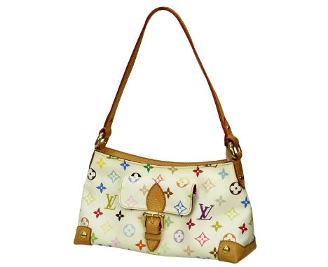 Louis Vuitton White Coated Canvas Multicolor Monogram Eliza Bag. Golden brass hardware, red suede interior with patch pocket,
