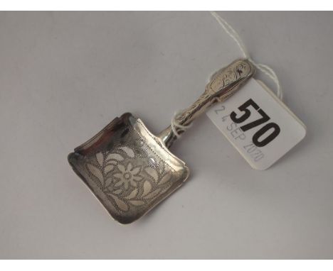 A Georgian caddy spoon with square bowl engraved with a flower with foliage - B'ham 1830 by U&amp;H 