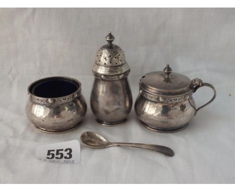 A 3 piece cruet set with Celtic style bands - B'ham 1951 - 100gms ex liners