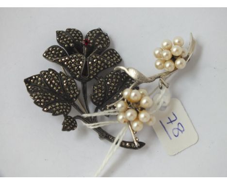 Two silver brooches - 1 pearl &amp; 1 marcasite