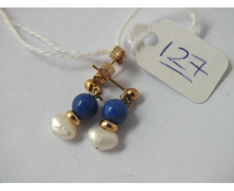 A pair of lapis &amp; pearl 9ct drop earrings 