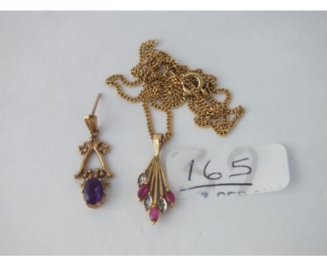 A ruby &amp; diamond pendant in 9ct on gilt chain &amp; ear pendant