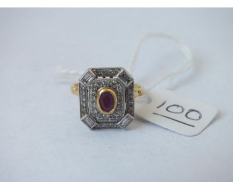Art deco style ruby &amp; diamond ring in 18ct gold - size O - 5.8gms