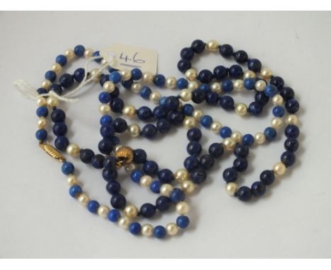 Two lapis &amp; pearl bead necklaces 