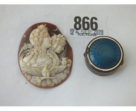 A gilt metal and enamel patch box and a carved cameo