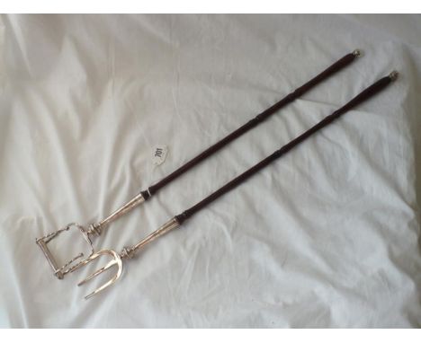 A long wooden handled cheese toaster and toasting fork - B'ham 1997 by GS