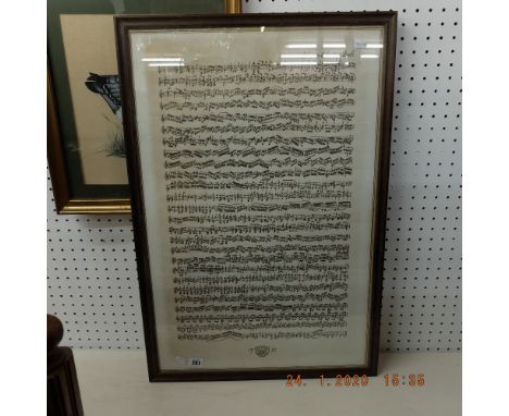 A framed copy Johann Sebastian Bach manuscript