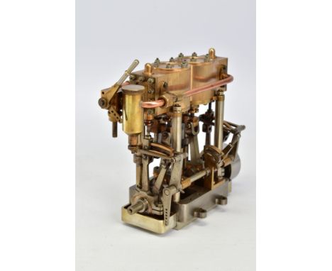 A HANDBUILT MODEL VERTICAL TWIN CYLINDER MARINE ENGINE, not tested, of brass, copper and steel construction, constructed and 