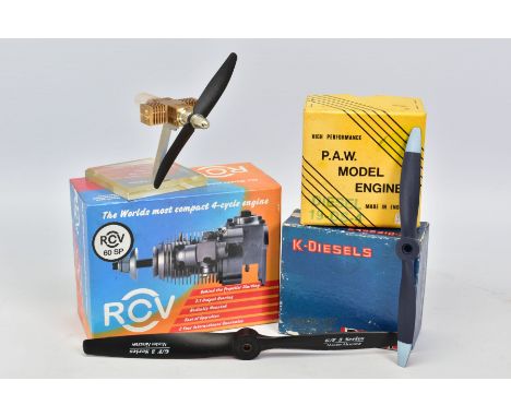 THREE BOXED MODEL AIRCRAFT ENGINES, not tested, RCV 60-SP with instructions, spare glow plugs etc, a P.A.W. Diesel 19-DS-4 wi