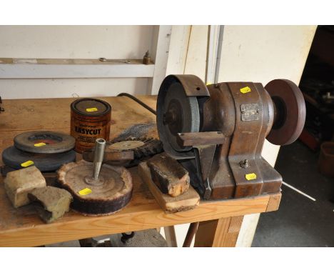 A VINTAGE BLACK AND DECKER BENCH GRINDER, with spare grinding, wire and polishing wheel and cutting compounds and soaps (11)