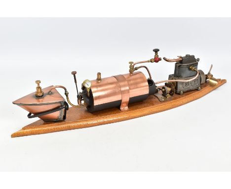 A STUART TURNER LIVE STEAM SPEEDBOAT ENGINE SET UP, not tested, horizontal copper boiler with boiler feed pump from copper re