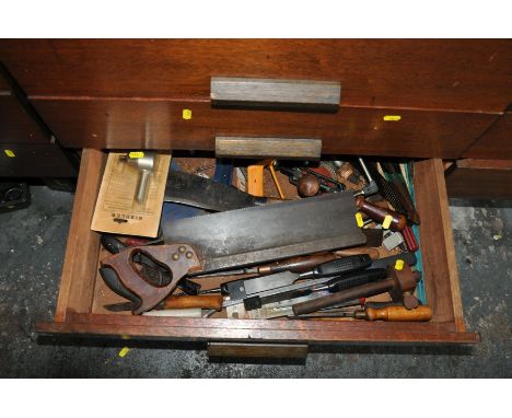 THE CONTENTS OF A DRAWER, containing woodworking tools including a Stanley Rabbet Plane, a spoke Shave, Marples and other chi