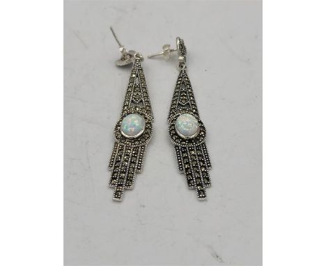 A Pair of Art Deco style silver and marcasite earrings with central opal panel