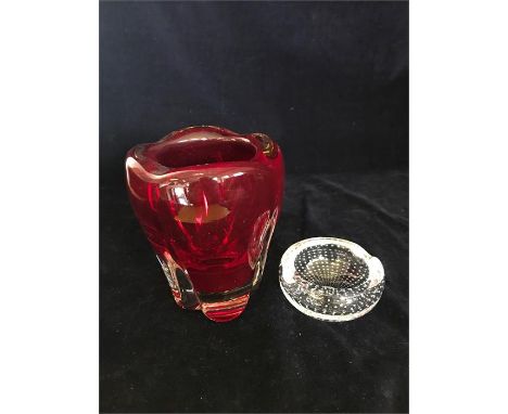 A Ruby red Whitefriars Molar vase and a controlled bubble ashtray.