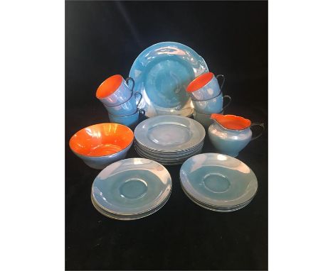 A Victoria Czech tea set of light blue and orange with a lustre finish, set of six.