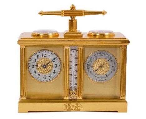 Good quality late Victorian combined carriage clock, aneroid barometer, thermometer and compass in fine gilt brass case with 