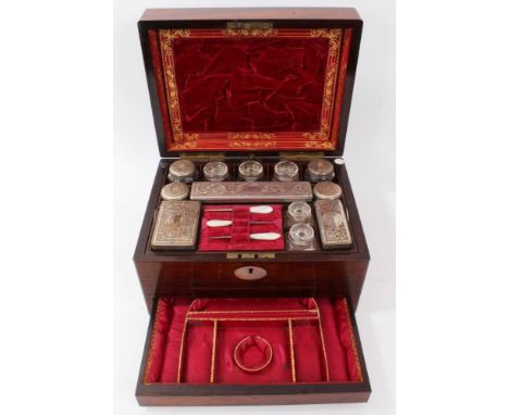 Victorian rosewood vanity box with fabric lined interior, well fitted with Old Sheffield plate mounted jars and lidded bottle