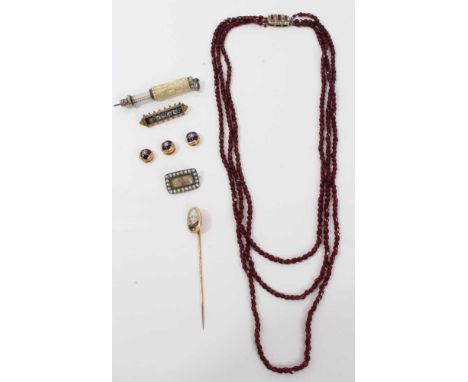 Group of jewellery to include Georgian mourning brooch, Victorian micromosaic brooch, gold and enamel stick pin, ivory pencil