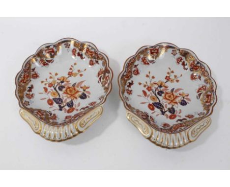 Pair of early 19th century Spode Stone China shell shaped dishes, decorated with an Imari-style pattern, printed marks to bas