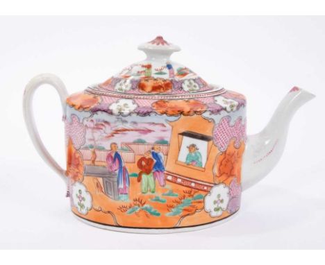 New Hall teapot and cover, circa 1800, printed and coloured with the Boy at Window pattern, inscribed marks to base, 26cm fro
